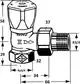 HEIMEIER Regulierventil Mikrotherm in Eckform, detaillierte technische Zeichnung mit Maßangaben und Anschlussmöglichkeiten, hergestellt von IMI Hydronic Engineering.